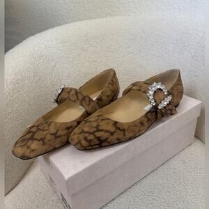 Jimmy Choo Cheri Brown Patterned Flats with Crystal Buckle 38